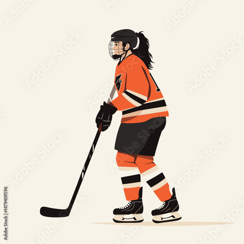 Young Woman in Orange Hockey Gear