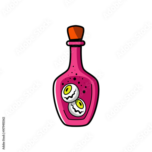 Bright pink bottle with two eyeballs floating inside sits on a white background