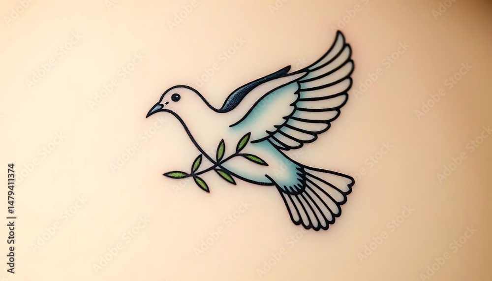 Fototapeta premium Dove of Peace Christian Tattoo The dove, a symbol of the Holy Spirit and peace in Christianity, is depicted in this tattoo with an olive branch, evoking tranquility and divine grace.