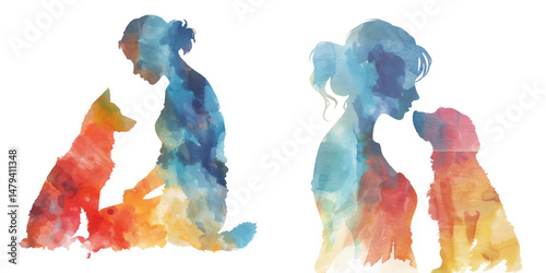 abstract color silhouette of woman and dog watercolor vector illustration