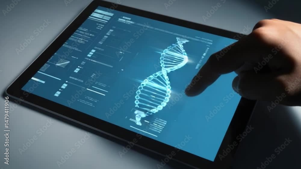 Exploring Genetic Code: A finger hovers over a tablet screen, showcasing a vibrant digital illustration of a DNA double helix, representing the intricate complexity of genetic information.