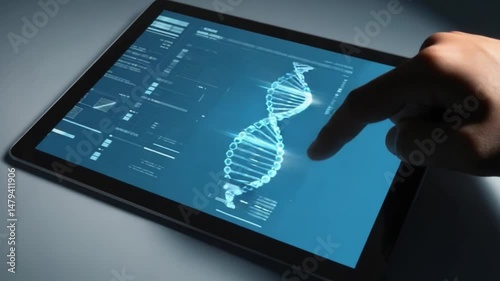 Exploring Genetic Code: A finger hovers over a tablet screen, showcasing a vibrant digital illustration of a DNA double helix, representing the intricate complexity of genetic information.