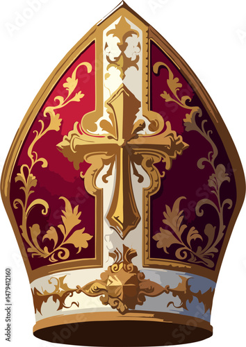 Royal Red and Gold Papal Mitre Vector with Ornate Cross and Baroque Filigree – High Detail Catholic Bishop Hat for Religious and Historical Art