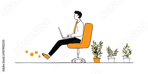An innovative businessperson, diligently working on a laptop. Surrounded by potted plants that are in various states of growth, symbolizing the journey of growth and the cultivation of ideas.