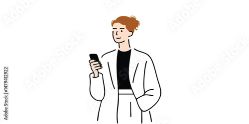 A woman holding a smart phone against a minimalist background, illustrating modernity and simplicity. Focus on the gesture of her interacting with technology.