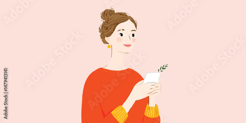 An artistic portrait of a stylish woman holding a card with a thoughtful and pleasant expression, highlighting her elegance and poise in this beautifully illustrated scene.