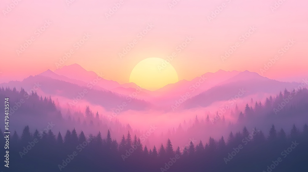 Obraz premium Pink and Purple Sunrise Over Foggy Mountains