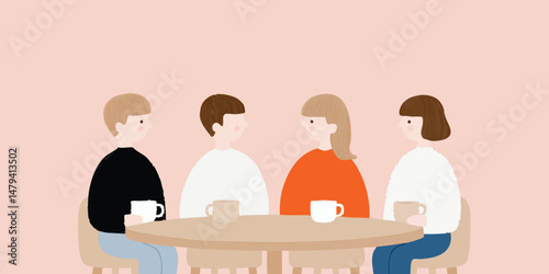 Four individuals enjoy coffee at a round table, their calm and collected demeanor suggesting a relaxed atmosphere and a sense of community, perfect for your designs.