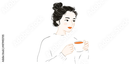 A minimalist illustration depicts a young woman with her hair styled in a bun holding a coffee cup, enjoying a moment of tranquil relaxation and a touch of style.