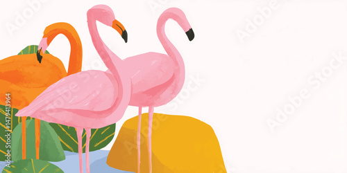 A trio of vibrant pink flamingos stand tall in a tropical paradise.  The  flamingos with their signature long necks  pose in  an array of green and yellow foliage.