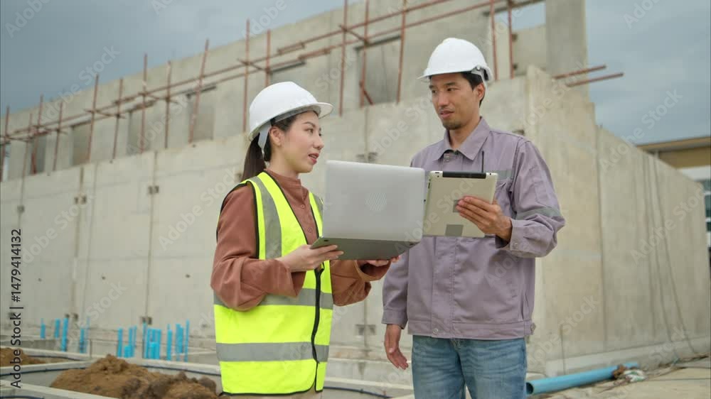 Engineers and architecture inspect and supervise the construction of building walls and foundations of residential buildings
