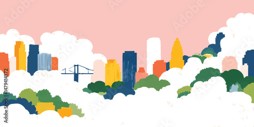 An idyllic cityscape painted in pastel colors, featuring buildings and structures nestled amongst fluffy clouds under a soft pink sky.