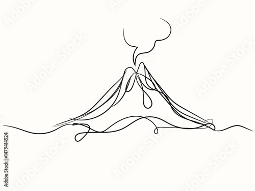 A fiery volcano illustration erupts in a snowy mountain landscape under a cloudy sky, a vector design