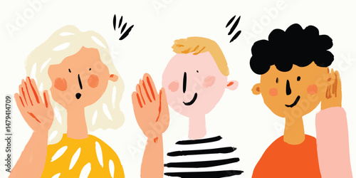 Three individuals engage in an illustration depicting active listening and attentive observation, highlighting the importance of communication and understanding.
