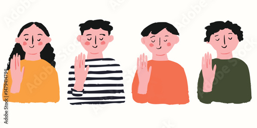 Four smiling individuals, raising their hands, creating a heartwarming scene of unity. These characters, depicted in a flat, illustrative style, and embody an inclusive and optimistic message.