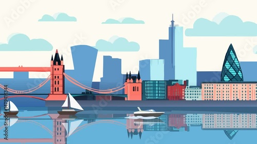 Parallax Animation of London Skyline with Iconic Landmarks and River Reflection