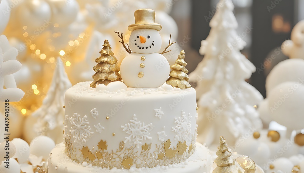 Fototapeta premium Festive white cake decorated with a charming snowman and gold accents.