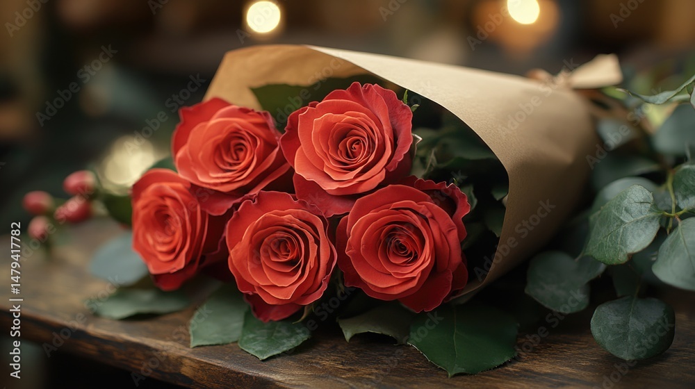 Fototapeta premium Wedding bouquet of roses, A bouquet of red roses wrapped in brown paper, with green leaves and flowers. Valentine's Day theme, mobile phone wallpaper.