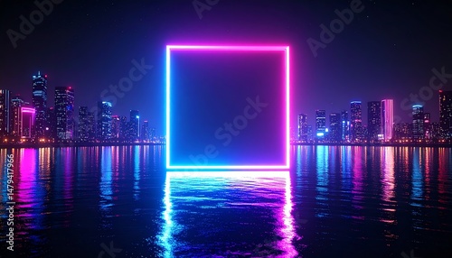A glowing neon square reflects on water  surrounded by a vibrant city skyline at night  creating a futuristic and captivating atmosphere