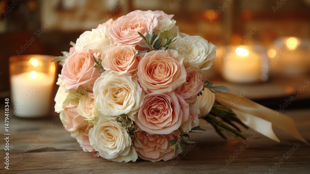 Obraz premium Wedding bouquet of roses, A stunning bouquet of blush pink, creamy white, and champagne roses, their delicate petals layered beautifully. Wrapped with a satin ribbon, Valentine's Day theme, wallpaper.
