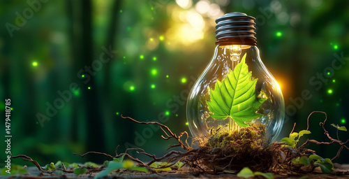 Eco-Friendly Energy Concept – Green Leaf Inside Light Bulb in Nature photo