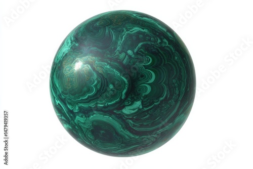 A mesmerizing malachite sphere, showcasing its unique swirling patterns and deep green hues. The intricate details and glossy finish highlight the beauty of this natural gemstone.