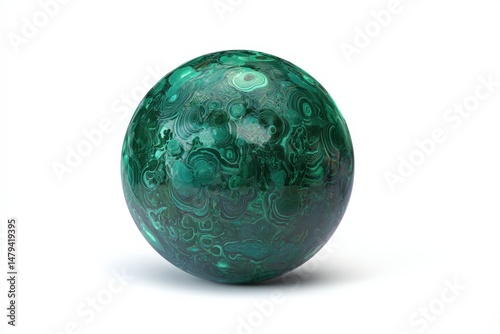 A mesmerizing malachite sphere, showcasing intricate swirling patterns in deep greens.  The polished surface reflects light beautifully, highlighting the gemstone's unique texture.