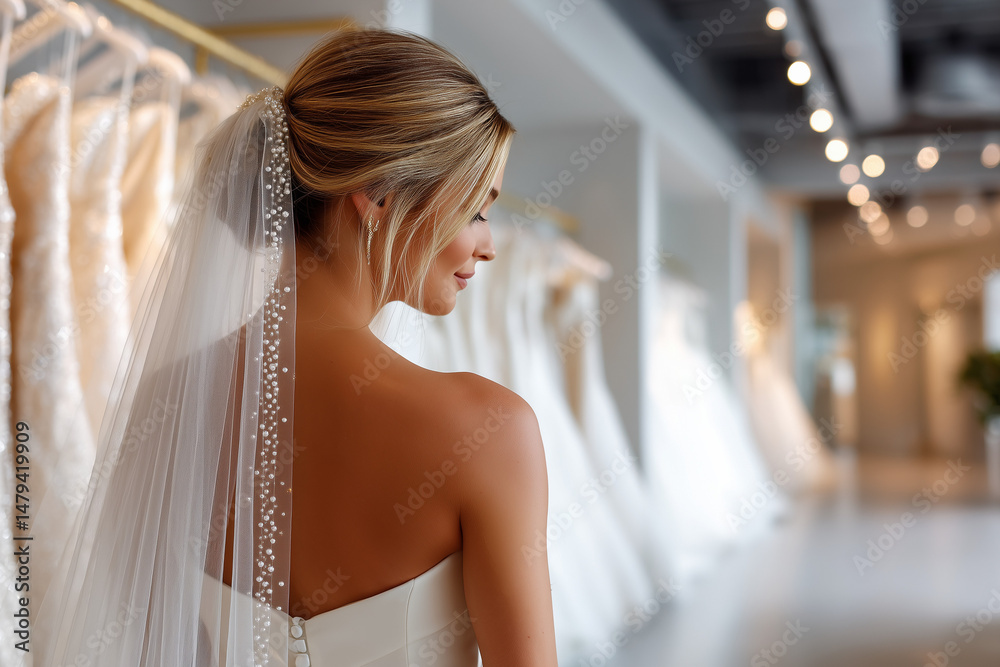 Naklejka premium Rear View of Bride in Elegant Wedding Dress with Pearl-Studded Veil