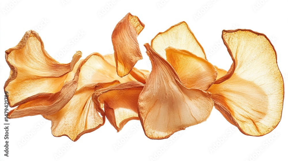 Dehydrated, thin slices of a root vegetable, light golden-brown color, in mid-air Dehydrated, thin slices of a root vegetable, light golden-brown color, in mid-air