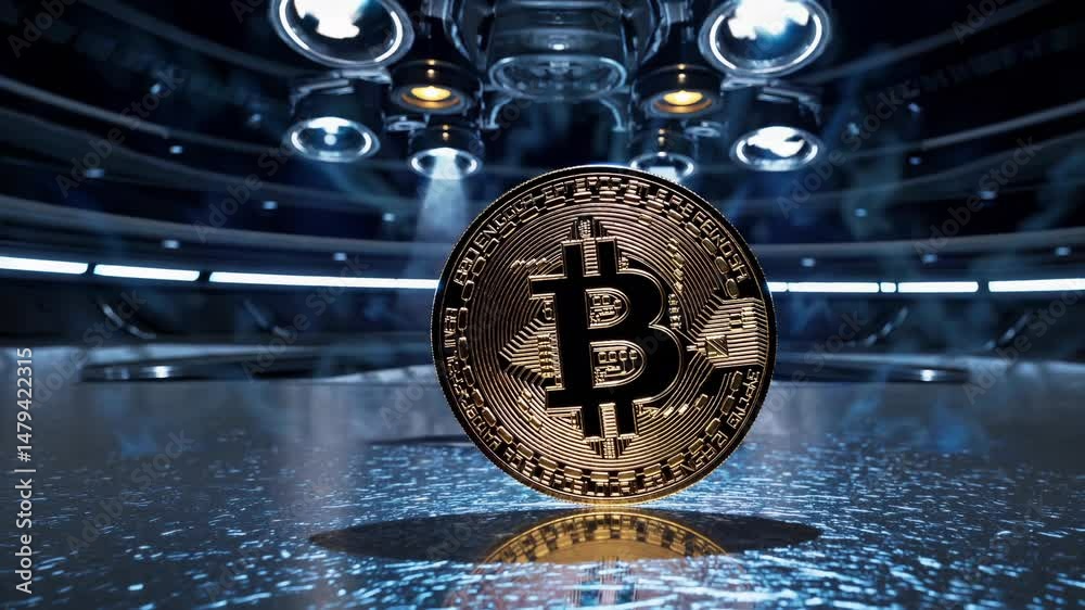 Bitcoin coin floats in spotlight, digital currency glows under futuristic lights, financial symbol shines with power, crypto energy pulses across metallic stage, tech wealth display.