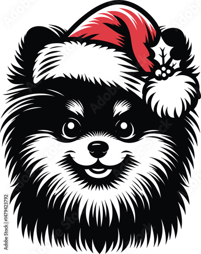  Cute Pomeranian Wearing Santa Hat – Christmas Silhouette Vector Illustration