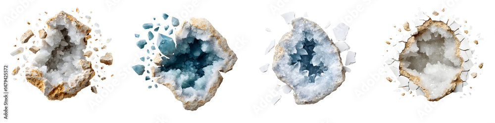 Obraz premium Stunning crystal geodes with intricate layers and vibrant, shimmering hues of blue and white, showcasing nature's beauty in a decorative style for artistic inspiration.