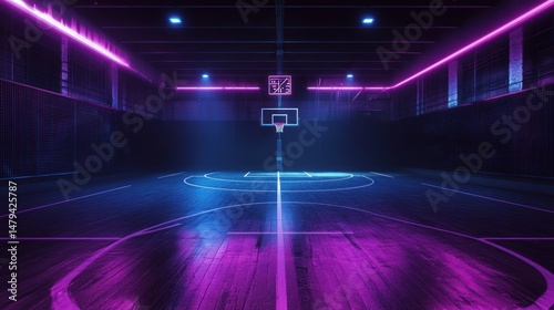 Cyberpunk basketball court, glowing neon lighting illuminates futuristic sports arena