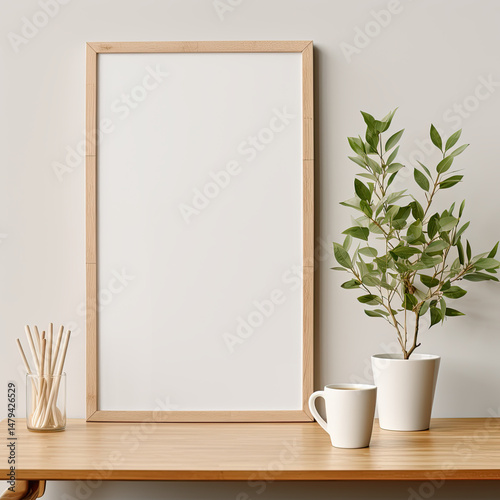 Minimalist Home Workspace with Scandinavian Design and Natural Light Featuring Plant, Frame, and Coffee Cup for a Serene Relaxation and Stylish Decor Mood