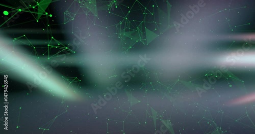 Floating green nodes and lines forming triangular mesh over dark gradient with soft light streaks