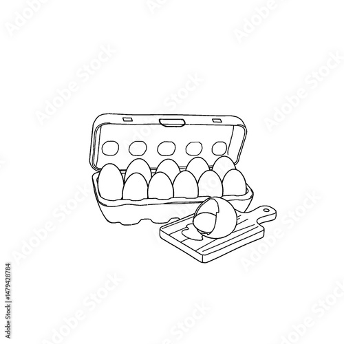 Opened egg carton with egg outline
Vector illustration of egg tray containing 8 and 1 open egg on tray isolated on white background for kids coloring activity worksheet and workbook.