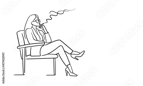 Woman smoking while sitting on a chair, continious line art drawing. Assistant, consuitant on white background. Vector illustration
