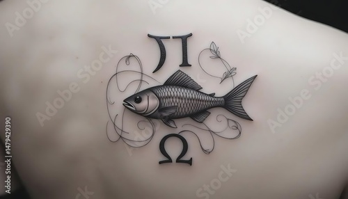 Ichthys with Alpha and Omega Tattoo This minimalist Ichthys tattoo, featuring the fish symbol and alpha-omega letters, represents Jesus Christ as the eternal beginning and end in Christian faith.