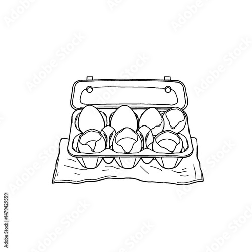 Vector illustration of egg tray containing 8 and 3 cracked isolated on white background for kids coloring activity worksheet and workbook