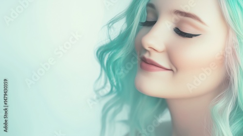 Serene Female Portrait with Teal Hair and Monochrome Backdrop