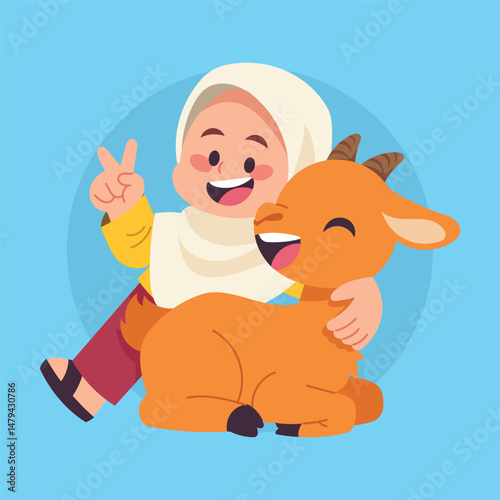 Flat Vector Girl With Sheep Illustration