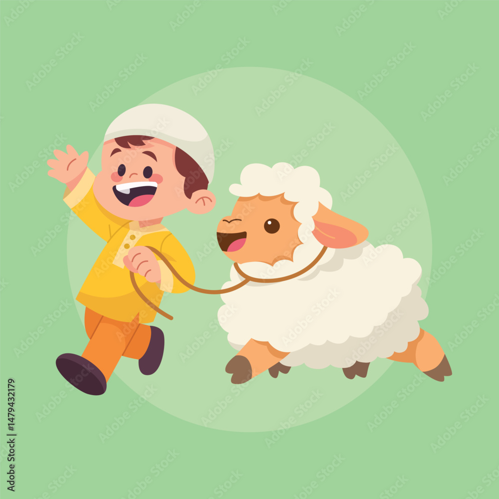 Fototapeta premium Flat Vector Animal Eid Al Adha And Boys Illustration