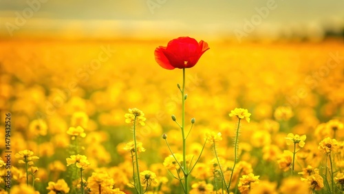 A single vibrant red poppy stands tall amidst a sea of bright yellow wildflowers, bathed in the warm glow of a summer day's sunlight, creating a stunning contrast and a captivating natural scene.