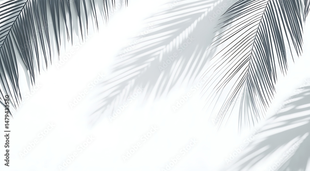 Fototapeta premium Palm fronds cast shadows on a white textured wall creating a clean, minimalist, and tropical ambiance in a high-key lighting environment, suitable for backgrounds or design elements.