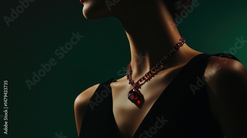 Elegant Red Gemstone Pendant Necklace on Female Neck for Luxury Jewelry Advertisement