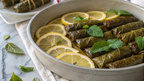 Stuffed Grape Leaves with Lemon and Mint – Traditional Mediterranean Dish
