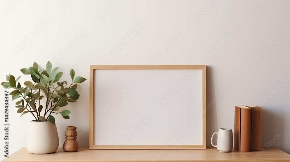 Obraz premium Minimalist Interior Home Office Decor: Blank Canvas Frame on Wooden Shelf with Plants 