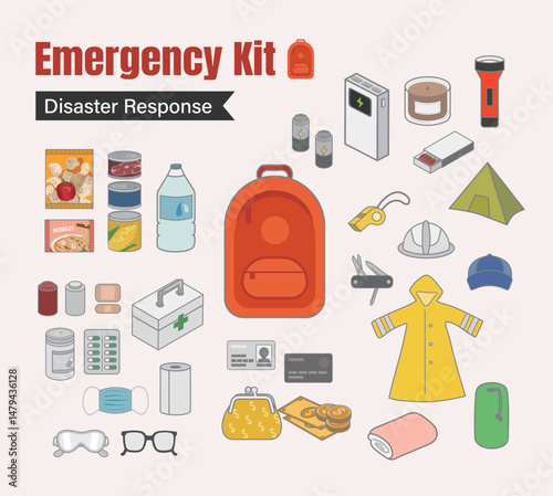 Emergency kit set. Pack of tools for first aid help, suppiort.