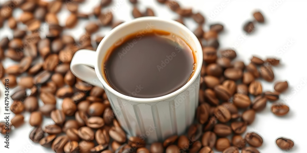 Fototapeta premium Hot coffee in paper cup with coffee beans, isolated, brown, coffee shop