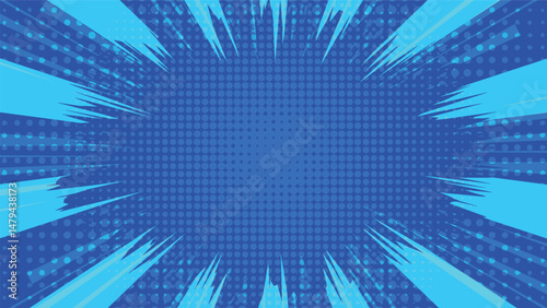abstract blue background with exploding frame and graphic dots pattern decoration